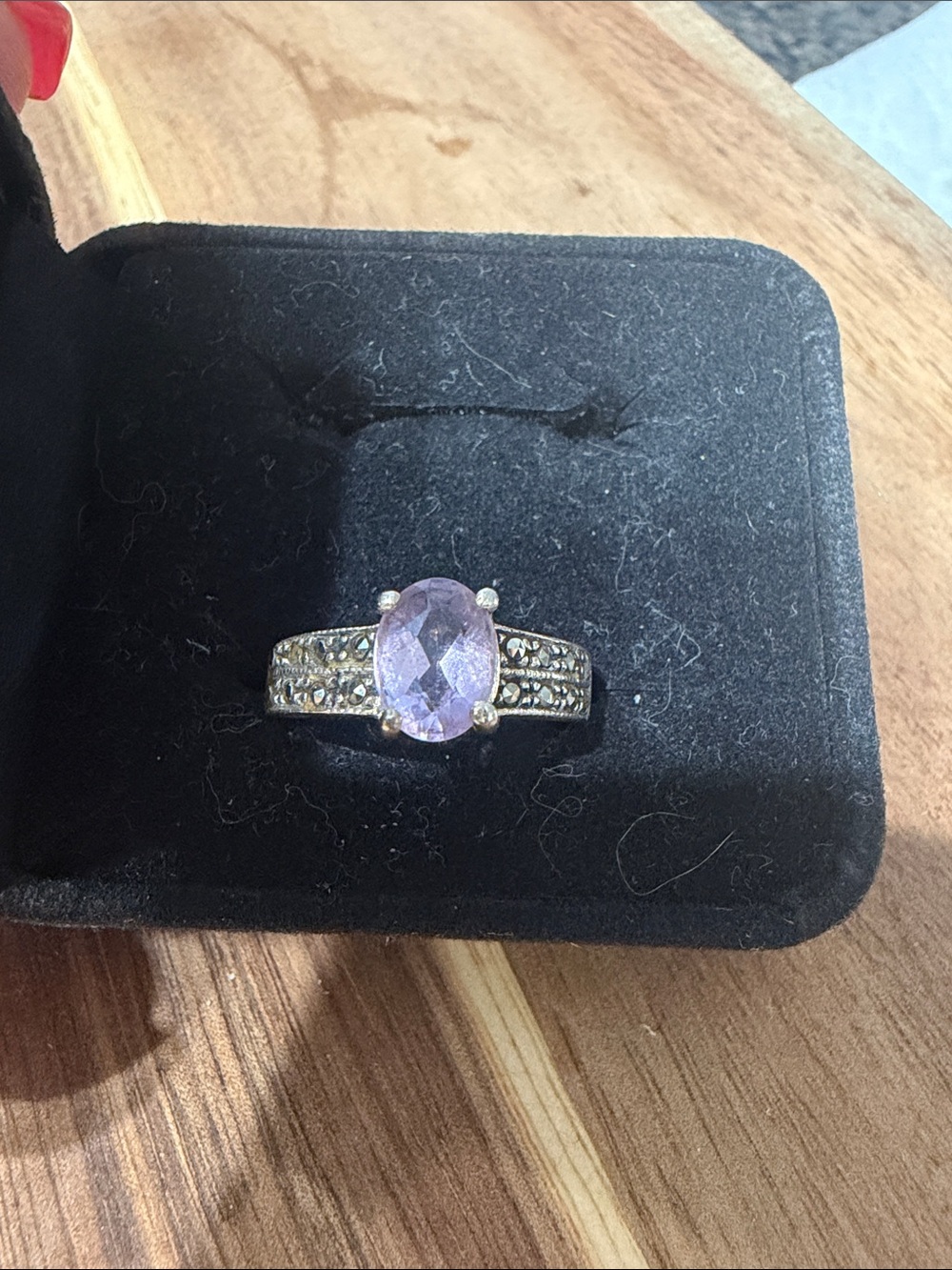 Sterling Silver Purple Oval Gemstone Ring with Marcasite Accents